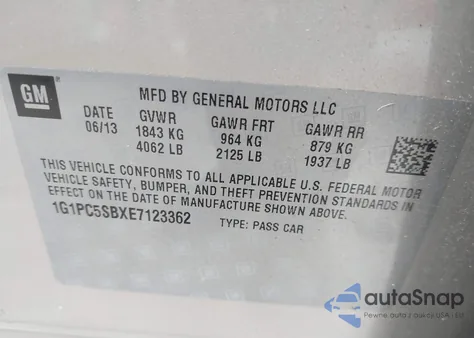 2014 Chevrolet Cruze 1Lt Auto from USA, damaged, VIN 1G1PC5SBXE7123362